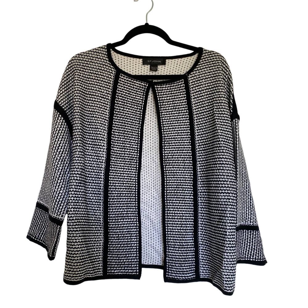 St. John Sweater Cardigan Open Front Shaw Chevron Print Stretch Chic Work Classy